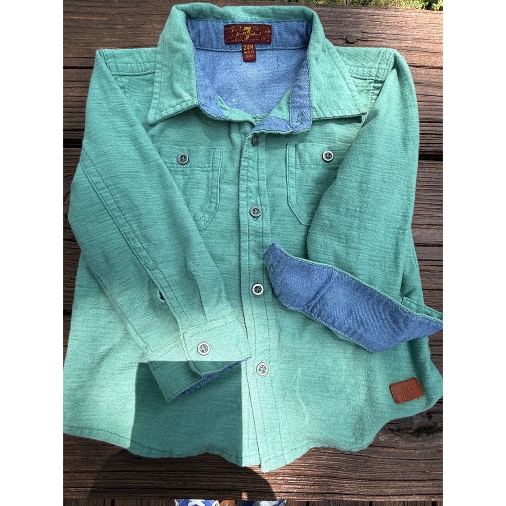 7 For All Mankind K Toddler Green Button Down Shirt Chambray Trim 24M